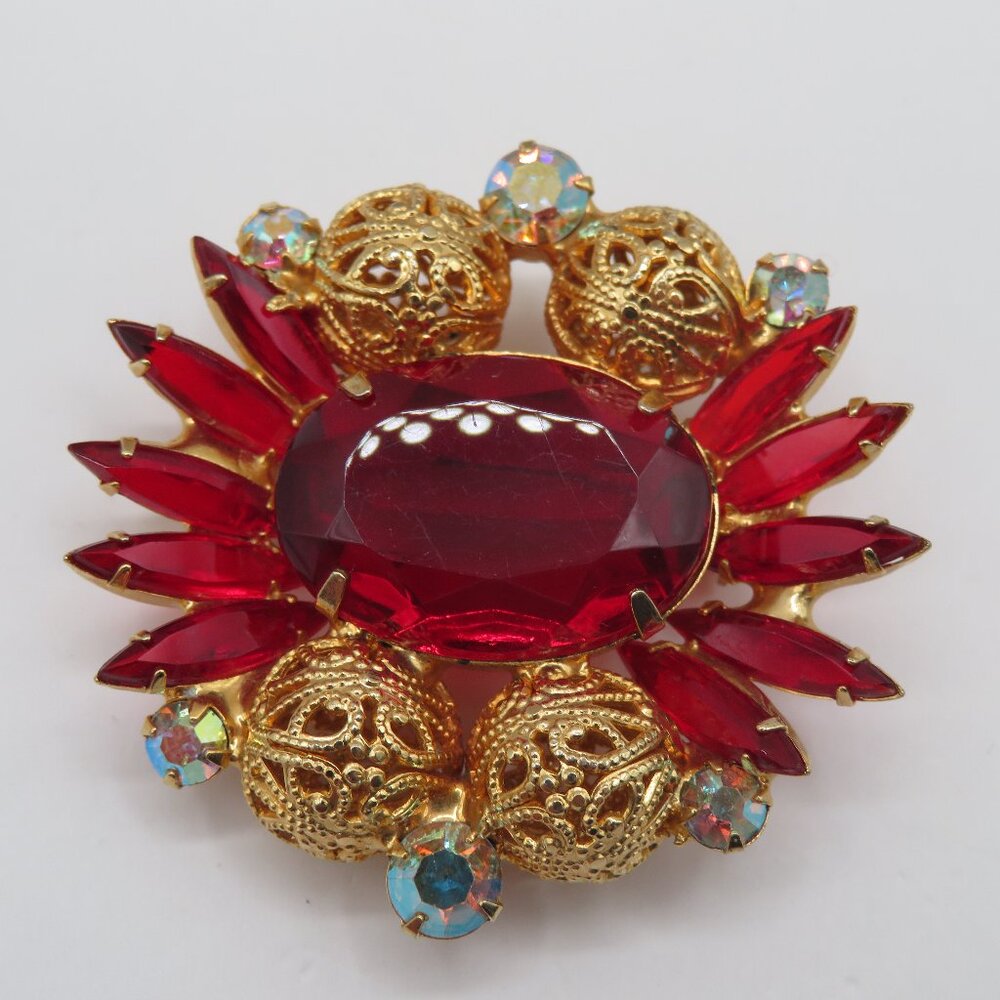 Juliana Red Rhinestone Gold Tone Filigree Brooch - Picture 3 of 8